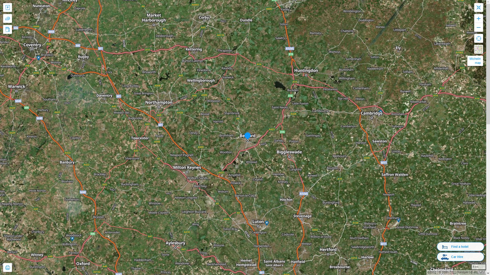 Bedford Royaume Uni Autoroute et carte routiere avec vue satellite